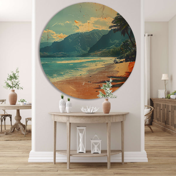 Vintage Strandtafereel met Palmbomen forex muurcirkel