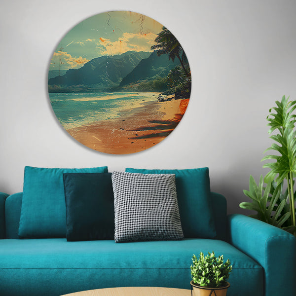 Vintage Strandtafereel met Palmbomen forex muurcirkel
