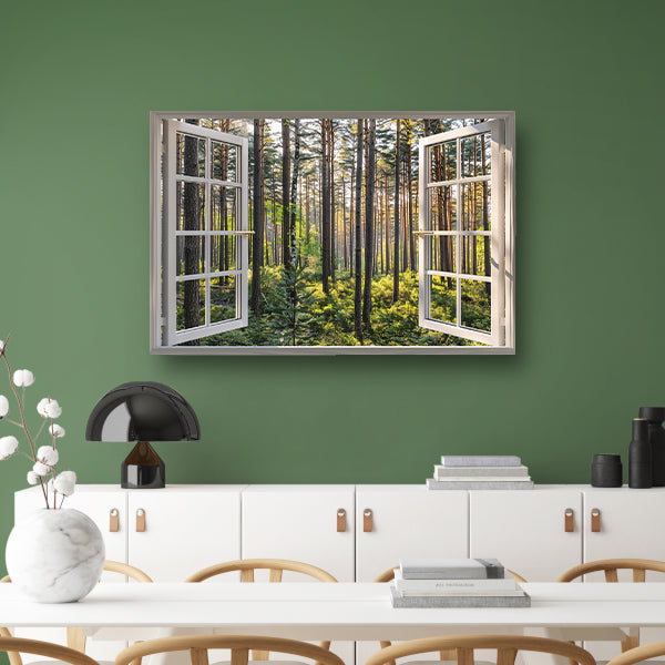 Open raam met uitzicht op een zonovergoten bos poster