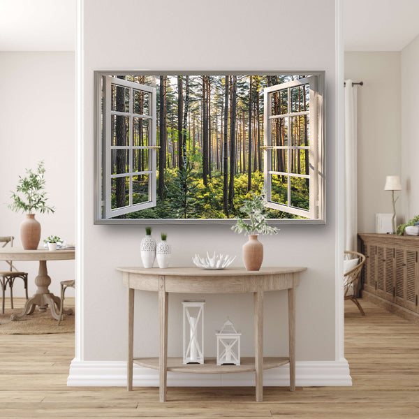 Open raam met uitzicht op een zonovergoten bos poster