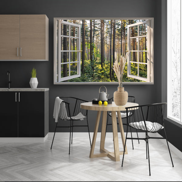 Open raam met uitzicht op een zonovergoten bos poster