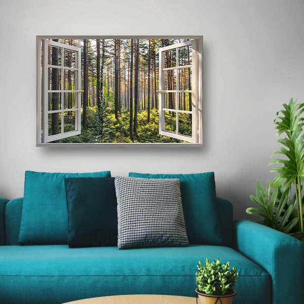 Open raam met uitzicht op een zonovergoten bos poster