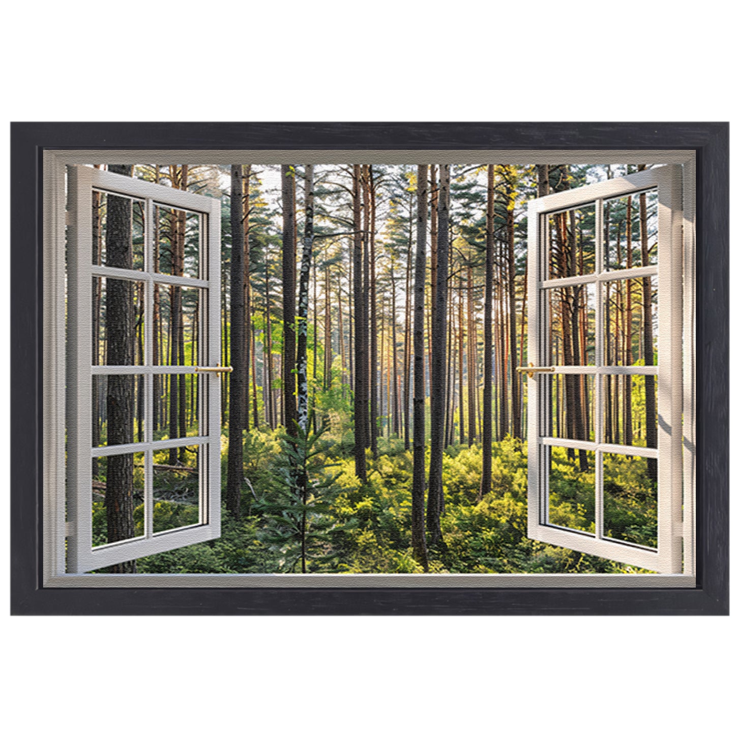 Open raam met uitzicht op een zonovergoten bos canvas met baklijst