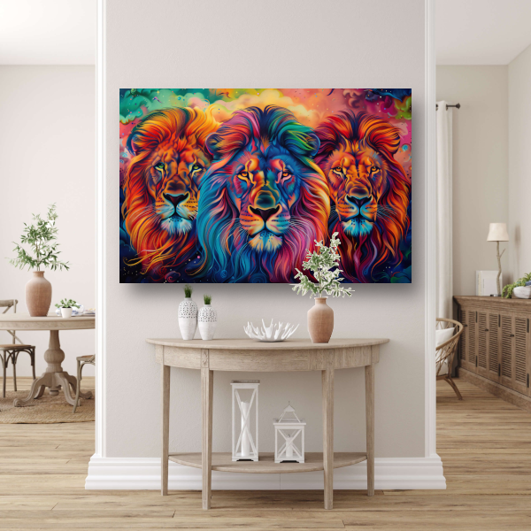 Koninklijke Trots: Drie Leeuwen in de Savanne canvas met baklijst