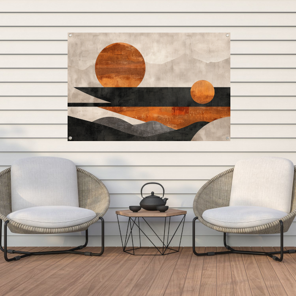Minimalistische abstracte zonsondergang met kleurcontrast tuinposter