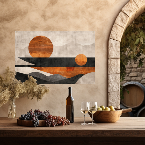 Minimalistische abstracte zonsondergang met kleurcontrast tuinposter