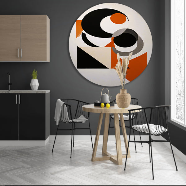 Contrastrijke Abstractie in Oranje, Zwart en Grijs aluminium muurcirkel