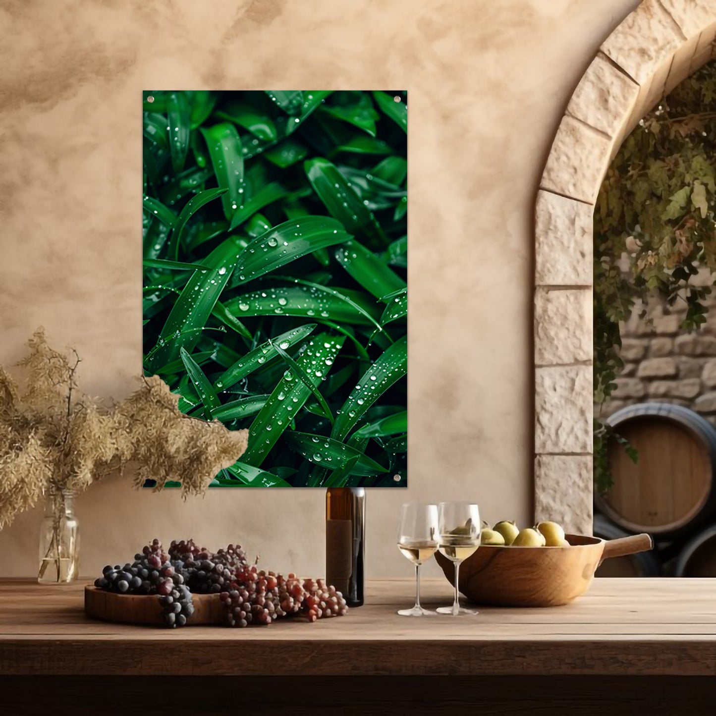 Close-up van dauwdruppels op groene bladeren tuinposter