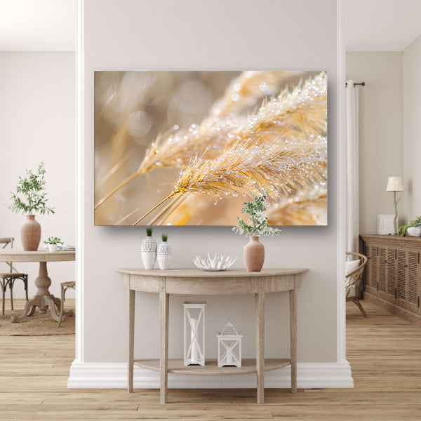 Dauw bedekte tarwearen in ochtendlicht canvas