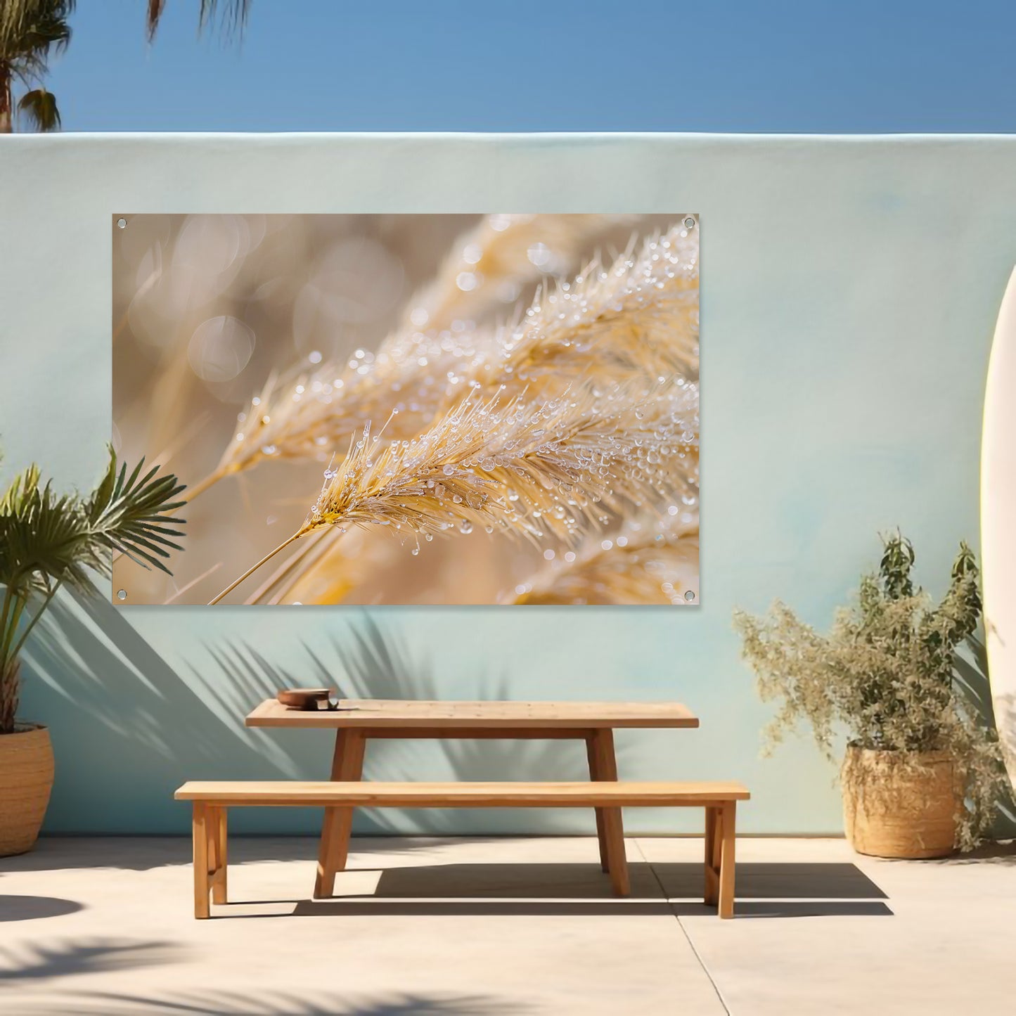 Dauw bedekte tarwearen in ochtendlicht tuinposter
