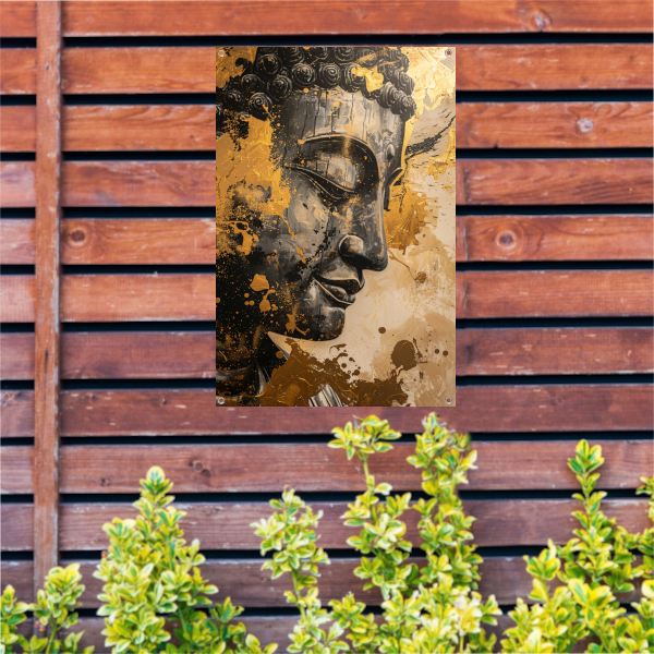 Abstracte interpretatie van Boeddha met gouden tinten tuinposter