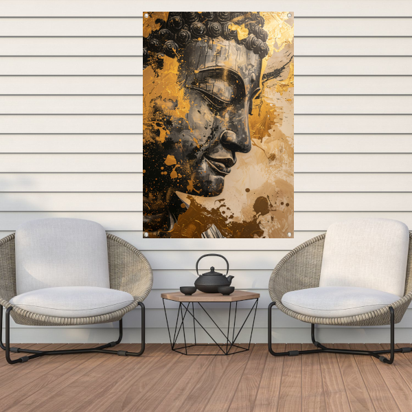 Abstracte interpretatie van Boeddha met gouden tinten tuinposter