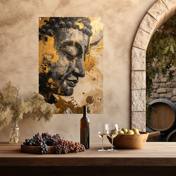Abstracte interpretatie van Boeddha met gouden tinten tuinposter