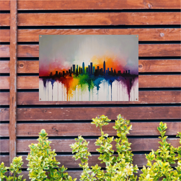 Skyline gesmolten in zonsondergangkleuren tuinposter