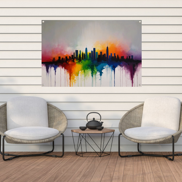 Skyline gesmolten in zonsondergangkleuren tuinposter