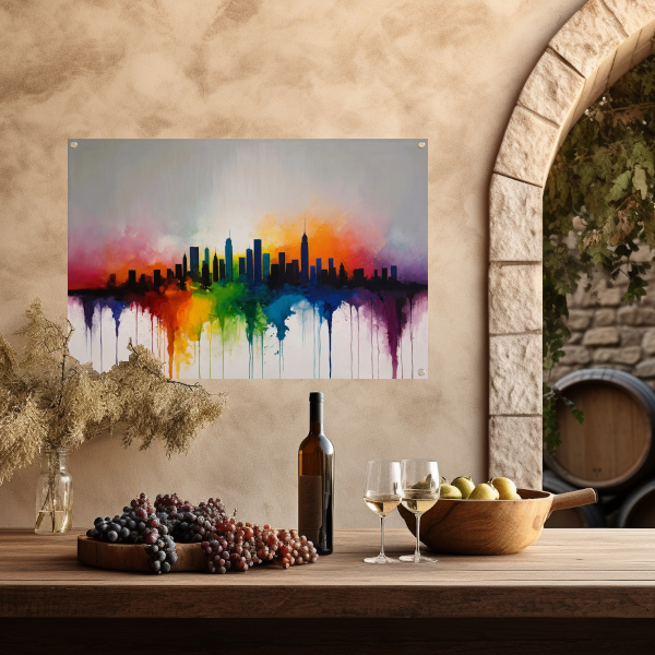 Skyline gesmolten in zonsondergangkleuren tuinposter