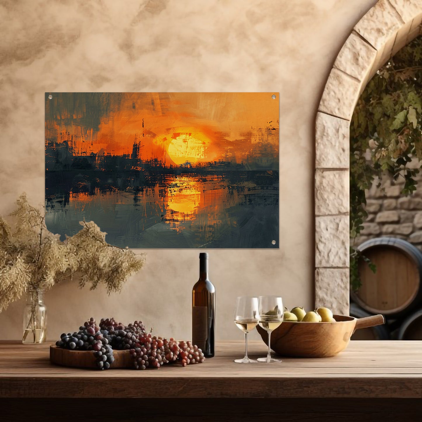 Abstracte zonsondergang met stadse reflectie tuinposter