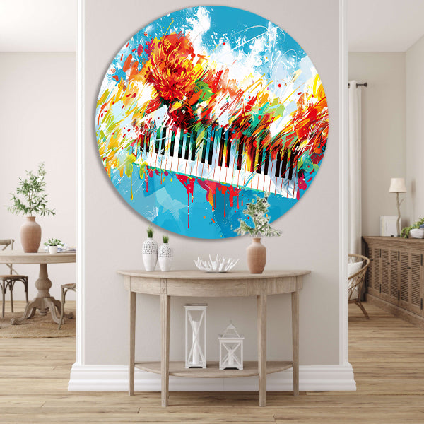 Abstracte piano met kleurrijke bloemenexplosie aluminium muurcirkel