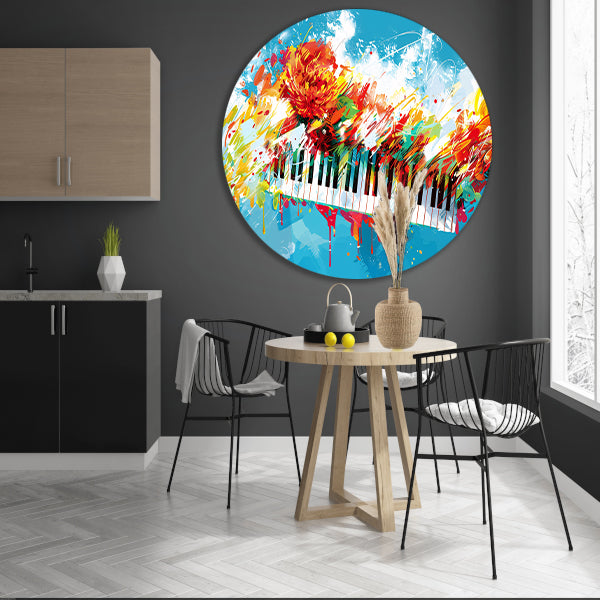 Abstracte piano met kleurrijke bloemenexplosie aluminium muurcirkel