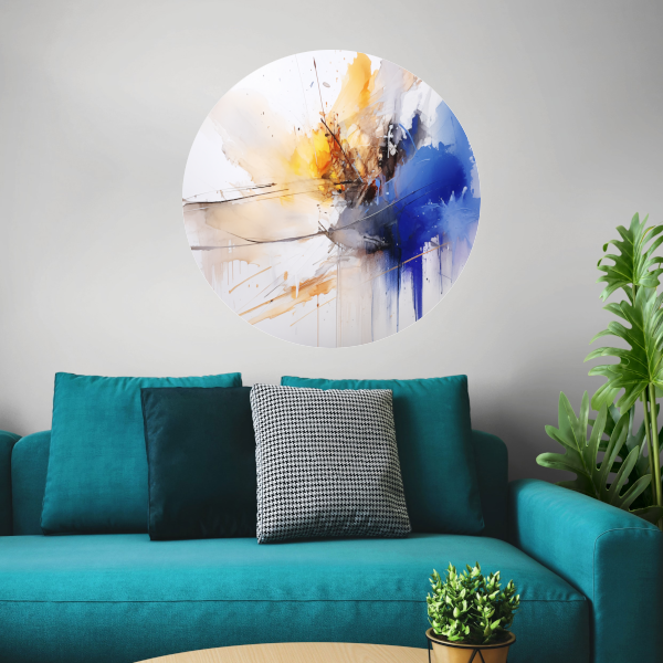 Chaos en Rust in Blauw en Geel aluminium muurcirkel