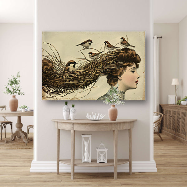 Vrouw met nest en vogels in haar poster