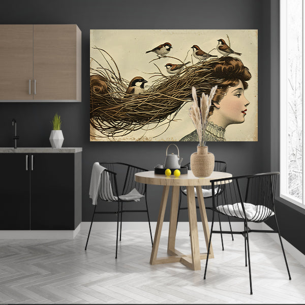 Vrouw met nest en vogels in haar poster