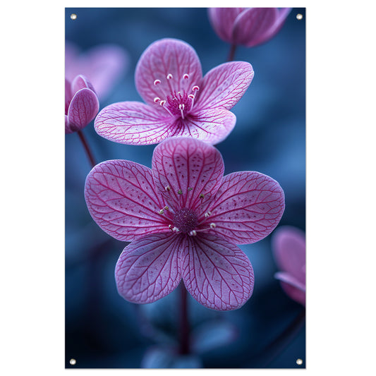 Close-up van roze bloemen in zacht licht tuinposter
