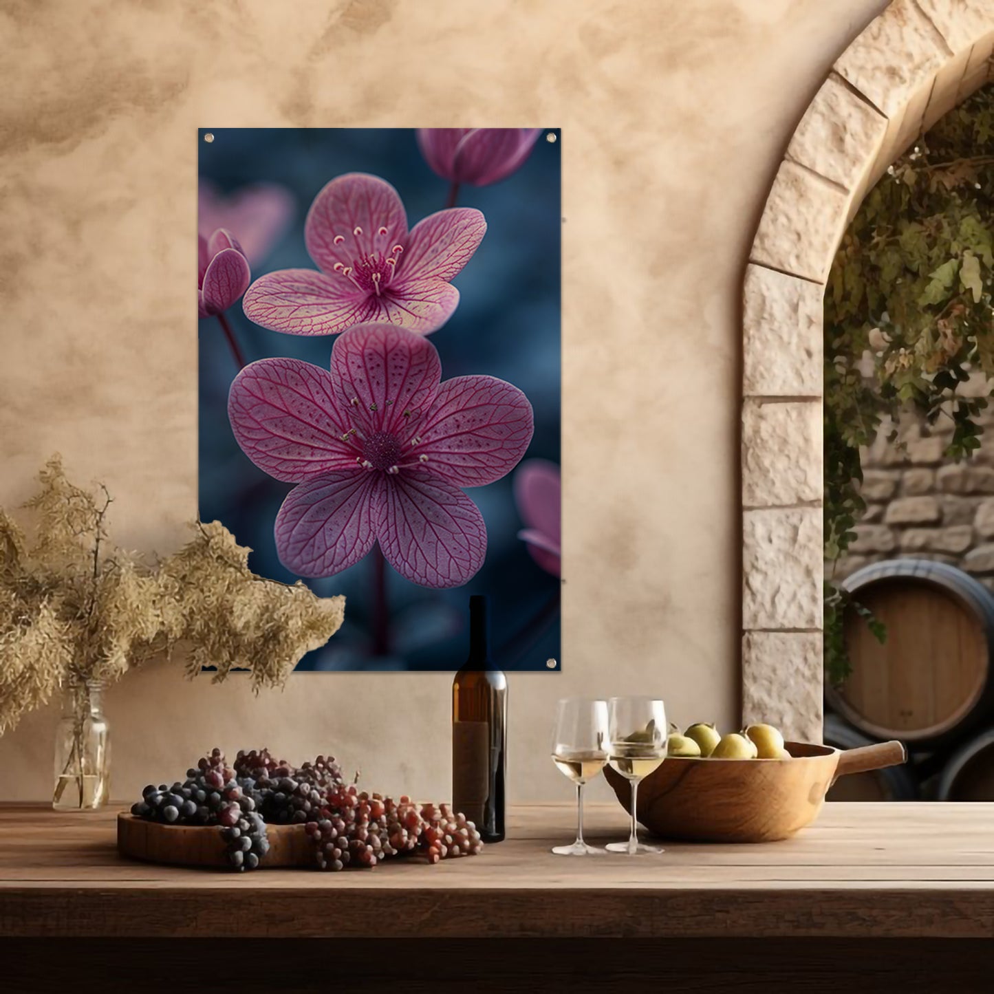 Close-up van roze bloemen in zacht licht tuinposter