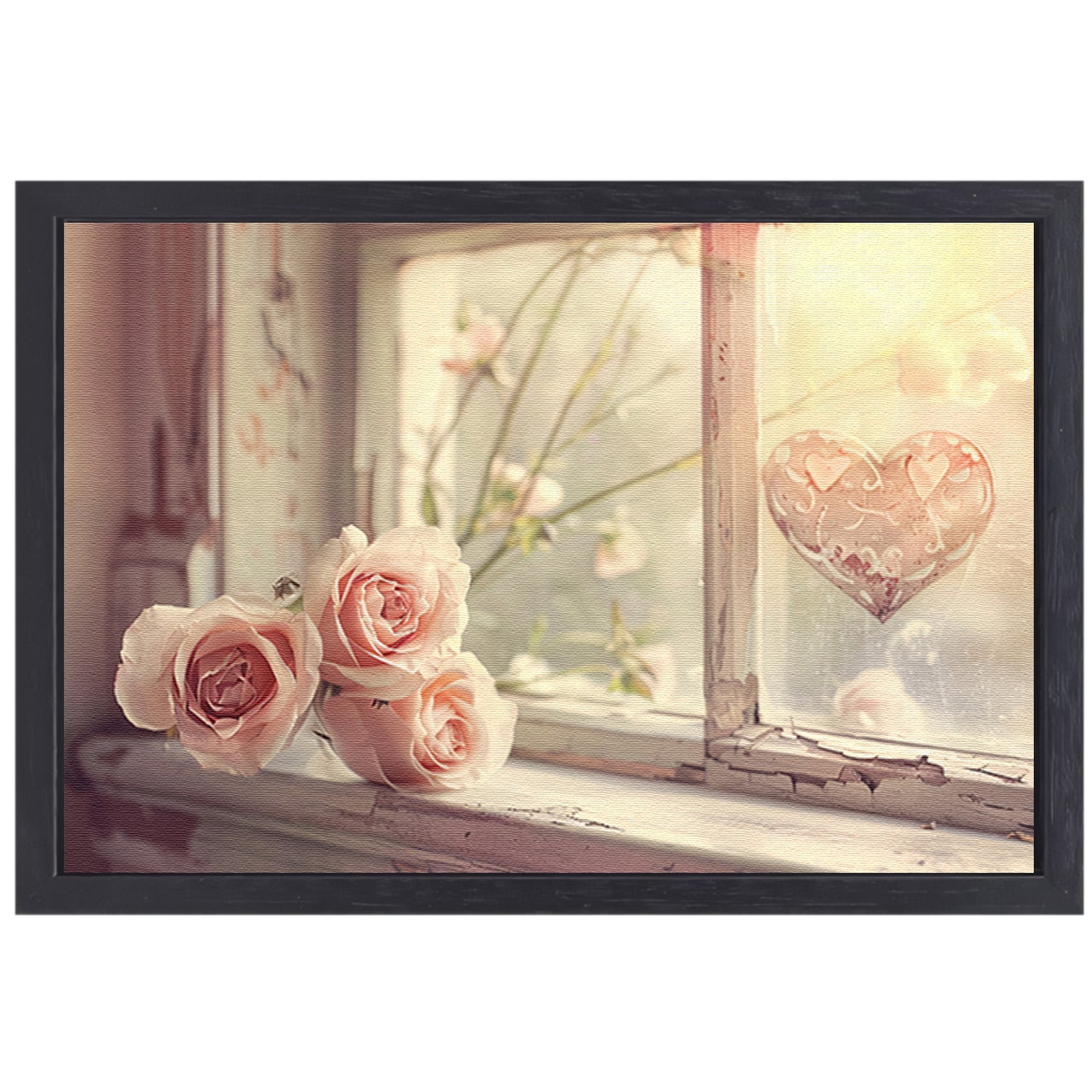 Impressionistische rozen op vensterbank canvas met baklijst