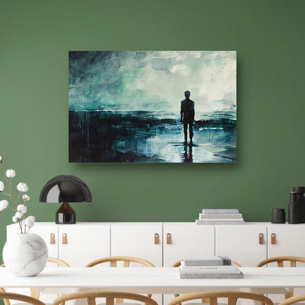 Abstract schilderij van man in landschap canvas