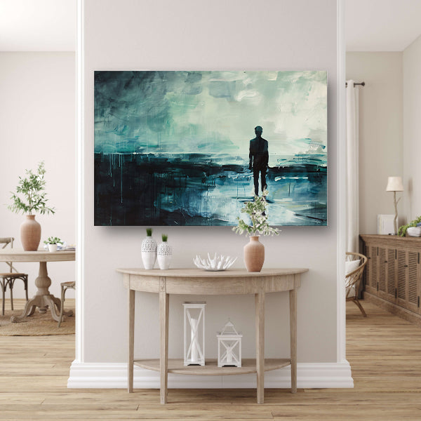Abstract schilderij van man in landschap canvas