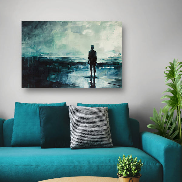 Abstract schilderij van man in landschap canvas