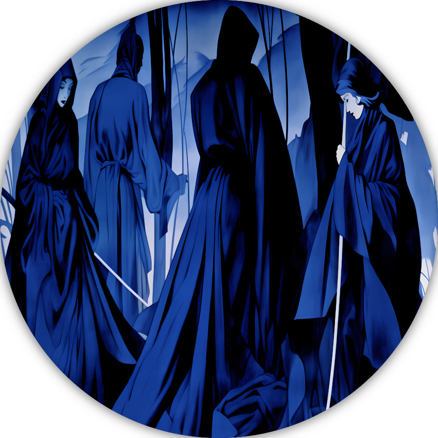 Etherische Figuren in Monochroom Blauw aluminium muurcirkel