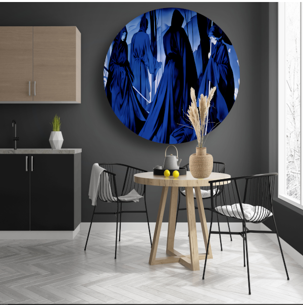 Etherische Figuren in Monochroom Blauw aluminium muurcirkel