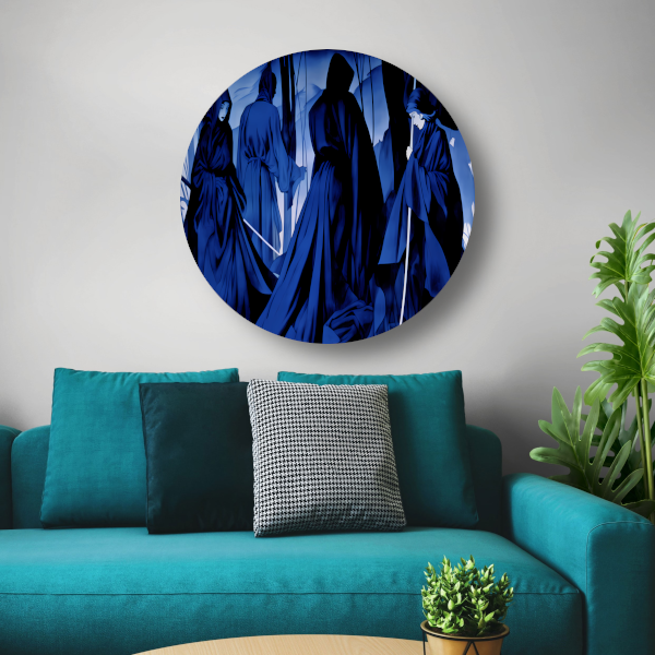 Etherische Figuren in Monochroom Blauw aluminium muurcirkel