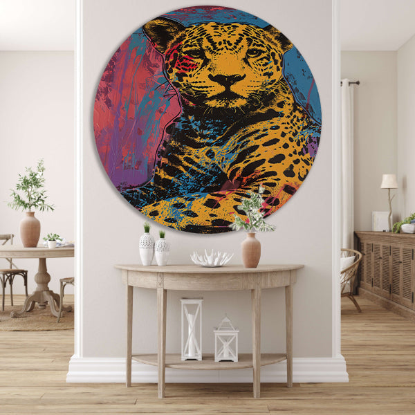 Kleurrijk popart schilderij van een jaguar aluminium muurcirkel