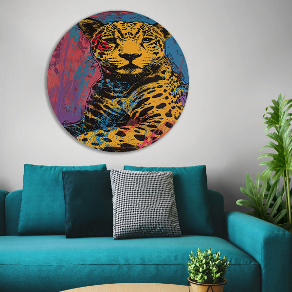 Kleurrijk popart schilderij van een jaguar aluminium muurcirkel