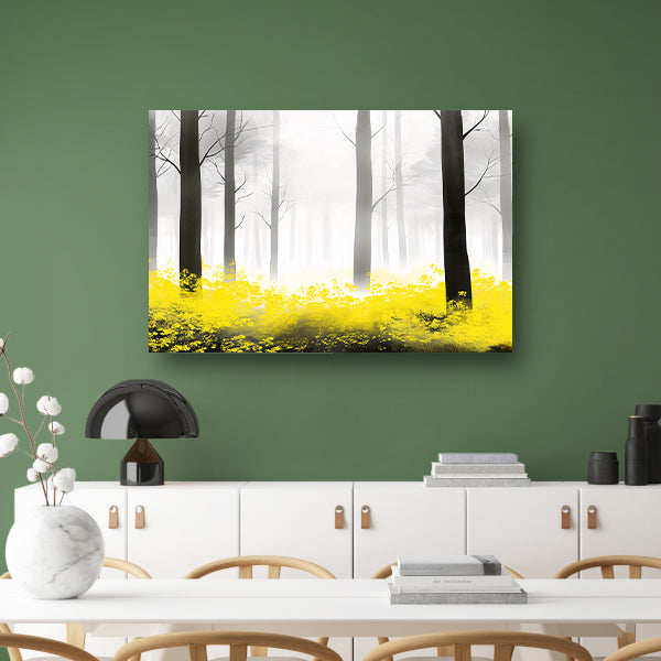 Mistig bos met gele bloemen poster
