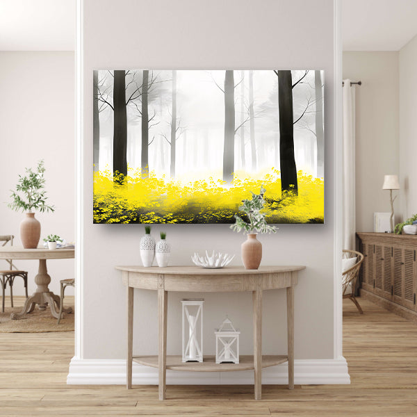 Mistig bos met gele bloemen poster