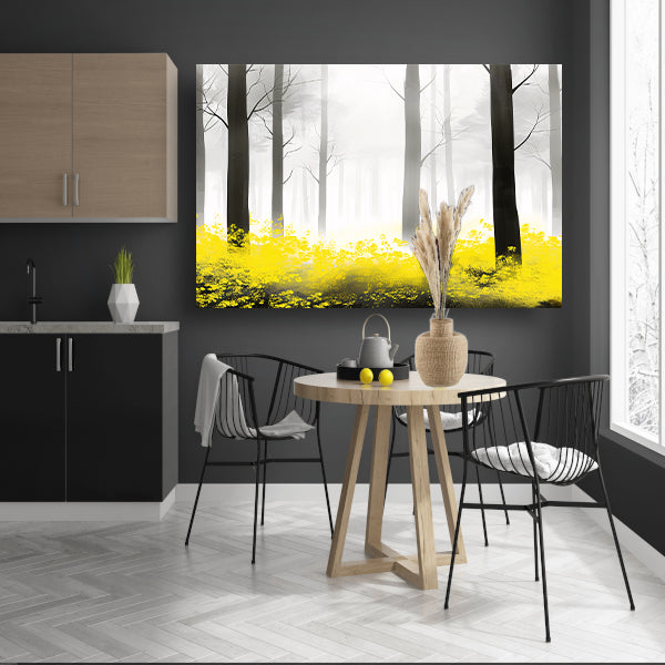 Mistig bos met gele bloemen poster