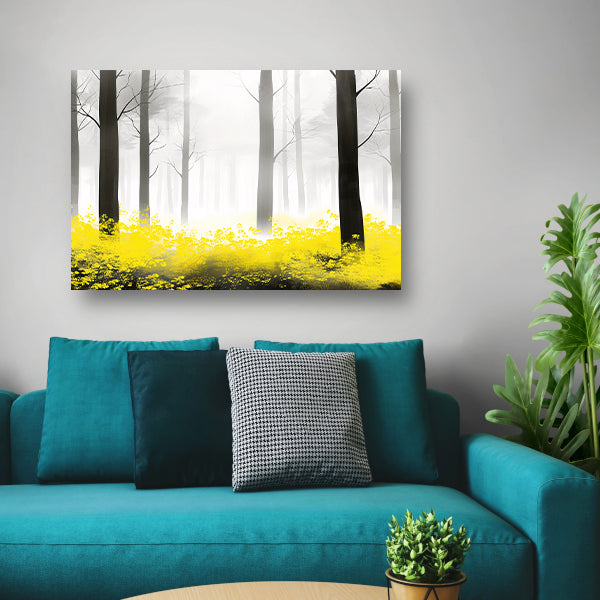 Mistig bos met gele bloemen poster