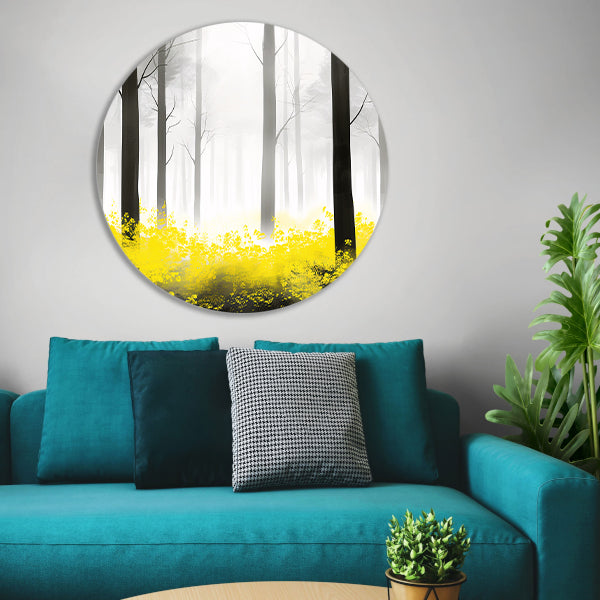 Mistig bos met gele bloemen aluminium muurcirkel