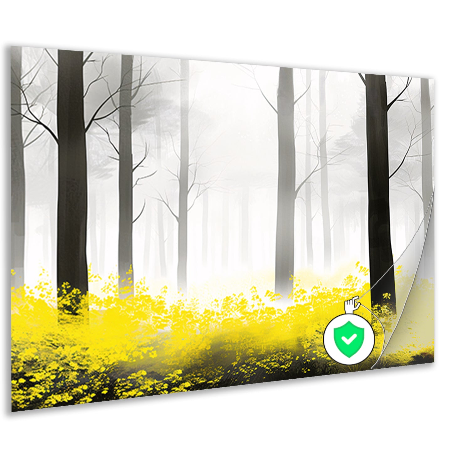 Mistig bos met gele bloemen poster