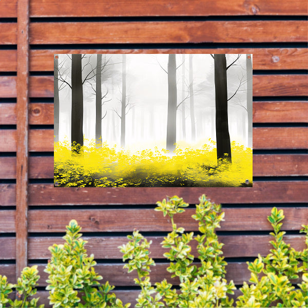 Mistig bos met gele bloemen tuinposter