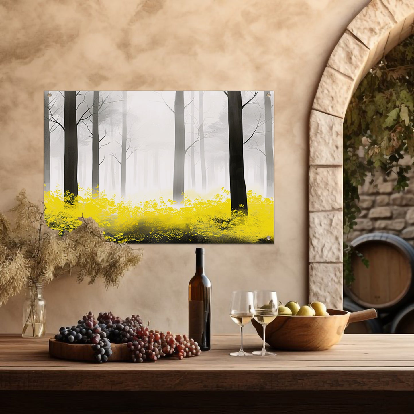 Mistig bos met gele bloemen tuinposter