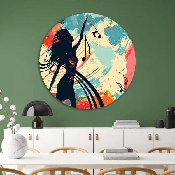 Abstracte silhouet dansend met muzieknoten aluminium muurcirkel