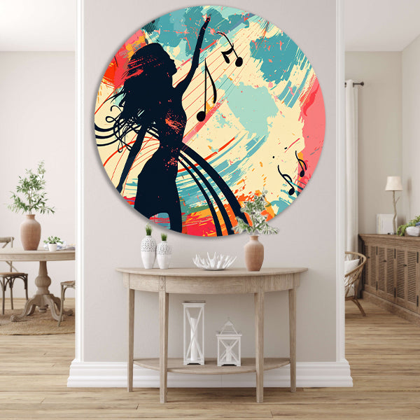 Abstracte silhouet dansend met muzieknoten aluminium muurcirkel