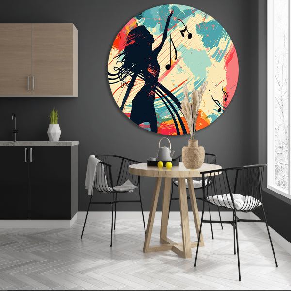 Abstracte silhouet dansend met muzieknoten aluminium muurcirkel