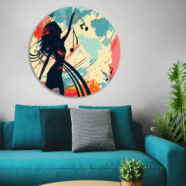 Abstracte silhouet dansend met muzieknoten aluminium muurcirkel
