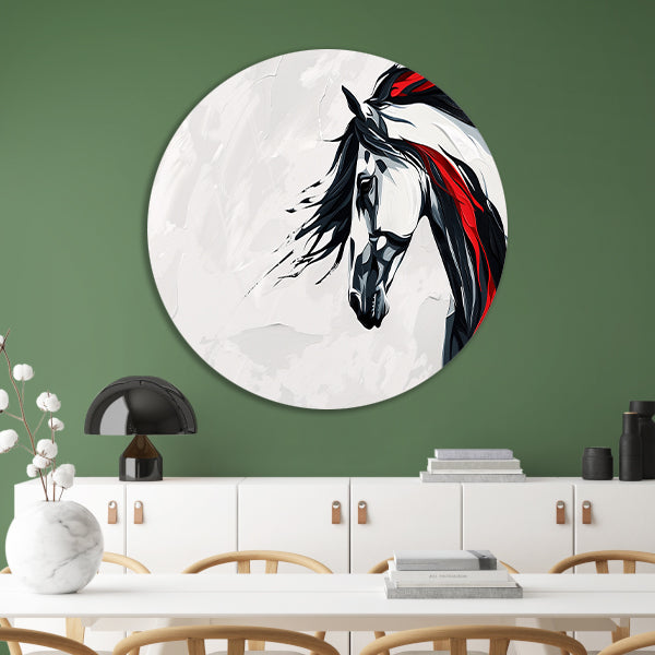Minimalistisch zwart-wit schilderij van paard aluminium muurcirkel